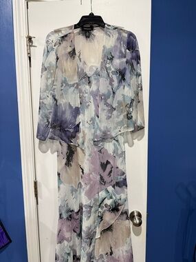 R&M Richards Sheer Floral Maxi Dress in Lavender, Pale Blue and Light Gray